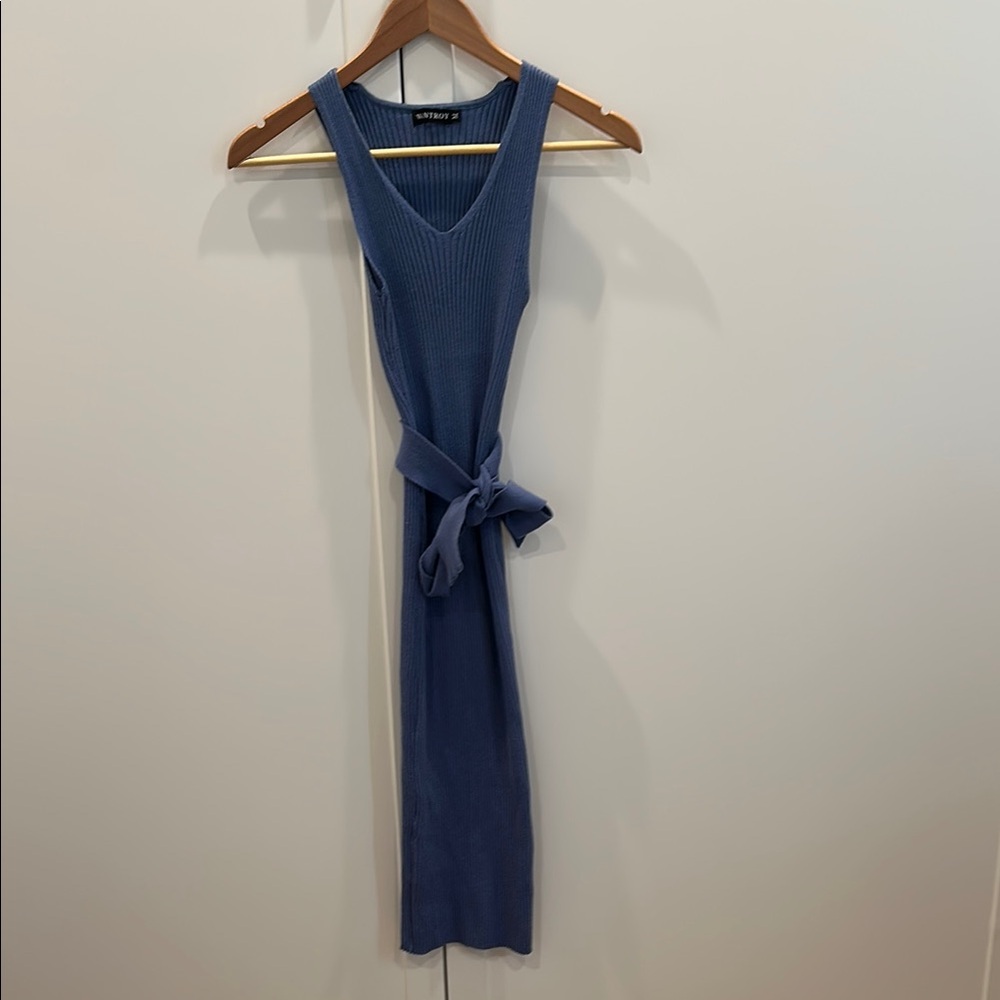 Soft ribbed Blue Midi Dress V-Neck Sleeveless